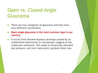 Open vs. Closed-Angle
Glaucoma
 There are two categories of glaucoma and they have
very different mechanisms.
 Open-angle glaucoma is the most common type in our
country.
 It occurs from blocked aqueous drainage caused by an
unidentified dysfunction or microscopic clogging of the
trabecular meshwork. This leads to chronically elevated
eye pressure, and over many years, gradual vision loss.
 