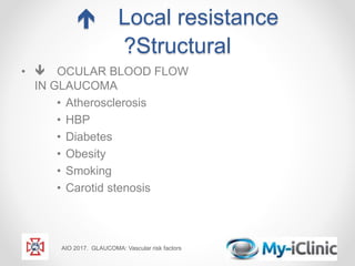  Local resistance
?Structural
•  OCULAR BLOOD FLOW
IN GLAUCOMA
• Atherosclerosis
• HBP
• Diabetes
• Obesity
• Smoking
• Carotid stenosis
AIO 2017. GLAUCOMA: Vascular risk factors
 
