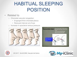 HABITUAL SLEEPING
POSITION
• Related to
o Choroidal vascular congestion
• Engorged thick choroidal plexus
• Reduced internal vol of eye
o Increase in episcleral venous pressure
AIO 2017. GLAUCOMA: Vascular risk factors
 