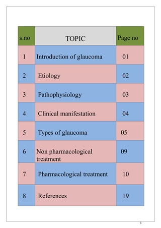 1
s.no TOPIC Page no
1 Introduction of glaucoma 01
2 Etiology 02
3 Pathophysiology 03
4 Clinical manifestation 04
5 Types of glaucoma 05
6 Non pharmacological
treatment
09
7 Pharmacological treatment 10
8 References 19
 