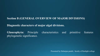 Section B (GENERAL OVERVIEW OF MAJOR DIVISIONS)
Diagnostic characters of major algal divisions.
Glaucophyta: Principle characteristics and primitive features
phylogenetic significance.
Presented by Debanjan pandit, faculty of Raidighi college
 