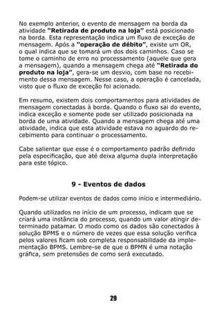 No exemplo anterior, o evento de mensagem na borda da
atividade “Retirada de produto na loja” está posicionado
na borda. Esta representação indica um fluxo de exceção de
mensagem. Após a “operação de débito”, existe um OR,
o qual indica que se tomará um dos dois caminhos. Caso se
tome o caminho de erro no processamento (aquele que gera
a mensagem), quando a mensagem chega até “Retirada do
produto na loja”, gera-se um desvio, com base no recebi-
mento dessa mensagem. Nesse caso, a operação é cancelada,
visto que o fluxo de exceção foi acionado.
Em resumo, existem dois comportamentos para atividades de
mensagem conectadas à borda. Quando o fluxo sai do evento,
indica exceção e somente pode ser utilizado posicionada na
borda de uma atividade. Quando a mensagem chega até uma
atividade, indica que esta atividade estava no aguardo do re-
cebimento para continuar o processamento.
Cabe salientar que esse é o comportamento padrão definido
pela especificação, que até deixa alguma dupla interpretação
para este tópico.
9 - Eventos de dados
Podem-se utilizar eventos de dados como início e intermediário.
Quando utilizados no início de um processo, indicam que se
criará uma instância do processo, quando um valor atingir de-
terminado patamar. O modo como os dados são conectados à
solução BPMS e o número de vezes que essa solução verifica
pelos valores ficam sob completa responsabilidade da imple-
mentação BPMS. Lembre-se de que o BPMN é uma notação
gráfica, sem pretensões de como será executado.
29
 