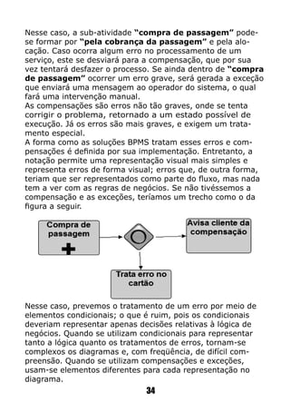 Nesse caso, a sub-atividade “compra de passagem” pode-
se formar por “pela cobrança da passagem” e pela alo-
cação. Caso ocorra algum erro no processamento de um
serviço, este se desviará para a compensação, que por sua
vez tentará desfazer o processo. Se ainda dentro de “compra
de passagem” ocorrer um erro grave, será gerada a exceção
que enviará uma mensagem ao operador do sistema, o qual
fará uma intervenção manual.
As compensações são erros não tão graves, onde se tenta
corrigir o problema, retornado a um estado possível de
execução. Já os erros são mais graves, e exigem um trata-
mento especial.
A forma como as soluções BPMS tratam esses erros e com-
pensações é definida por sua implementação. Entretanto, a
notação permite uma representação visual mais simples e
representa erros de forma visual; erros que, de outra forma,
teriam que ser representados como parte do fluxo, mas nada
tem a ver com as regras de negócios. Se não tivéssemos a
compensação e as exceções, teríamos um trecho como o da
figura a seguir.
34
Nesse caso, prevemos o tratamento de um erro por meio de
elementos condicionais; o que é ruim, pois os condicionais
deveriam representar apenas decisões relativas à lógica de
negócios. Quando se utilizam condicionais para representar
tanto a lógica quanto os tratamentos de erros, tornam-se
complexos os diagramas e, com freqüência, de difícil com-
preensão. Quando se utilizam compensações e exceções,
usam-se elementos diferentes para cada representação no
diagrama.
 