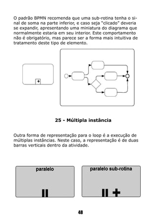 O padrão BPMN recomenda que uma sub-rotina tenha o si-
nal de soma na parte inferior, e caso seja “clicado” deveria
se expandir, apresentando uma miniatura do diagrama que
normalmente estaria em seu interior. Este comportamento
não é obrigatório, mas parece ser a forma mais intuitiva de
tratamento deste tipo de elemento.
25 - Múltipla instância
Outra forma de representação para o loop é a execução de
múltiplas instâncias. Neste caso, a representação é de duas
barras verticais dentro da atividade.
48
 