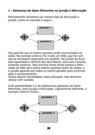 1 - Gateways de tipos diferentes na junção e bifurcação
Normalmente utilizamos um mesmo tipo de bifurcação e
junção, como no exemplo a seguir :
Isto garante que os tokens gerados serão sincronizados na
saída. No exemplo anterior, foi criado um AND, que fez com
que as atividades seguissem em paralelo. Na junção do fluxo
será aguardado o término dos dois tokens, para que o proces-
samento continue. Isto funciona desta forma porque a bifur-
cação de AND gera tantos tokens quantas forem as saídas, e
a junção aguarda por todos os tokens gerados para continuar
após o processamento.
Temos alguma flexibilidade nesta utilização, mas devemos
utilizar com cuidado.
Uma possibilidade é a de adotarmos gateways de tipos
diferentes, para junção e bifurcação. Ligeiramente diferente, o
exemplo anterior ficaria :
60
 