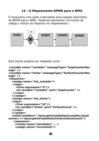 14 - O Mapeamento BPMN para o BPEL
É necessária uma certa criatividade para mapear elementos
do BPMN para o BPEL. Podemos apresentar um trecho de
código e indicar os impactos no mapeamento :
Este trecho poderia ser mapeado como :
<variable name=”contador” messageType=”loopCounterMes
sage” />
<variable name=”limite” messageType=”forEachCounterMes
sage” />
<sequence>
<assign name=”init_contador”>
<copy>
<from expression=”0”/>
<to variable=”contador” part=”loopCounter” />
</copy>
</assign>
<assign name=”init_limite”>
<copy>
<from expression=”10”/>
<to variable=”limite” part=”forEachCount” />
</copy>
</assign>
<while condition=” bpws:getVariableData(contador,loopC
ounter) <= bpws:getVariableData(limite,forEachCount)”>
<sequence>
<invoke name=”atividade1” ... >
<assign name=”incremento”>
82
 