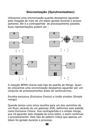 Sincronização (Synchronization)
Utilizamos uma sincronização quando desejamos aguardar
pela chegada de mais de um token gerado durante o proces-
samento. Ele é a contrapartida do processamento paralelo.
Suas representações podem ser :
A notação BPMN chama este tipo de padrão de Merge. Quan-
do colocamos uma sincronização desejamos aguardar por um
conjunto de processamentos antes de continuarmos.
Escolha exclusiva (Exclusive Choice) e União simples (Simple
merge)
Quando temos uma única escolha para um dos caminhos de
um fluxo, através de um gateway XOR, definimos este padrão
como Exclusive Choice. Sua contrapartida é o simple merge,
que irá aguardar pela chegada do único token, e assim continuar
o processamento. Este tipo de pattern indica que apenas um
token foi gerado durante o processo.
96
 