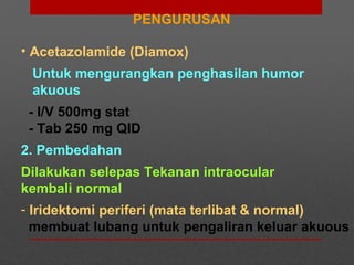 PENGURUSAN
• Acetazolamide (Diamox)
Untuk mengurangkan penghasilan humor
akuous
- I/V 500mg stat
- Tab 250 mg QID
2. Pembedahan
Dilakukan selepas Tekanan intraocular
kembali normal
- Iridektomi periferi (mata terlibat & normal)
membuat lubang untuk pengaliran keluar akuous
 