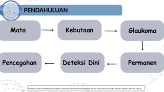 PENDAHULUAN
Forrester JV, Dick AD, McMenamin PG, Roberts F, Pearlman E. Biochemistry and Physiology. The Eye - Basic Science in Practice. Edisi ke-4: Elsevier; 2016. hlm. 228- 40
Kebutaan Glaukoma
Permanen
Deteksi Dini
Pencegahan
Mata
 