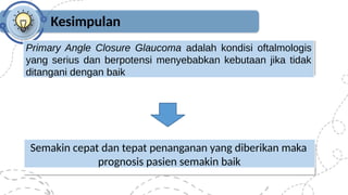 Kesimpulan
Primary Angle Closure Glaucoma adalah kondisi oftalmologis
yang serius dan berpotensi menyebabkan kebutaan jika tidak
ditangani dengan baik
Semakin cepat dan tepat penanganan yang diberikan maka
prognosis pasien semakin baik
 