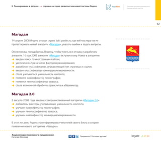 52
Энциклопедия поискового продвижения
Наталия Неелова Понравилось? Расскажи друзьям!
II. Ранжирование в деталях справка: история развития поисковой системы Яндекс
Магадан
14 апреля 2008 Яндекс открыл сервис buki.yandex.ru, где веб-мастера могли
протестировать новый алгоритм «Магадан», указать ошибки и задать вопросы.
Около месяца понадобилось Яндексу, чтобы учесть все отзывы и доработать
алгоритм. 16 мая 2008 алгоритм «Магадан» вступил в силу. Новое в алгоритме:
«
« введен поиск по иностранным сайтам;
«
« увеличено в 2 раза число факторов ранжирования;
«
« доработан классификатор, определяющий тип страницы и ссылок;
«
« введен классификатор коммерциализированности;
«
« стала учитываться уникальность контента;
«
« появился классификатор порнографии;
«
« появился геоклассификатор запроса;
«
« стала возможной обработка транслита и аббревиатур.
Магадан 2.0
2 августа 2008 года введен усовершенствованный алгоритм «Магадан 2.0»:
«
« добавлены факторы, учитывающие уникальность контента;
«
« улучшен классификатор порнографии;
«
« улучшен геоклассификатор запроса;
«
« улучшен классификатор коммерциализированности.
В этот же день Яндекс проинформировал читателей своего блога о скором
появлении нового алгоритма «Находка».
 