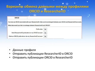 Варианты обмена данными между профилями
ORCID и ResearcherID
• Данные профиля
• Отправить публикации ResearcherID в ORCID
• Отправить публикации ORCID в ResearcherID
 