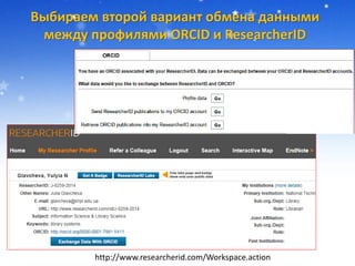 Выбираем второй вариант обмена данными
между профилями ORCID и ResearcherID
http://www.researcherid.com/Workspace.action
 