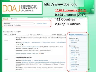 http://www.doaj.org
27
10,641 Journals (2016)
9,498 Journals (2017)
129 Countries
2,427,192 Articles
 