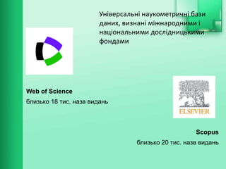 Універсальні наукометричні бази
даних, визнані міжнародними і
національними дослідницькими
фондами
Web of Science
близько 18 тис. назв видань
Scopus
близько 20 тис. назв видань
 