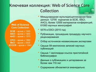 Ключевая коллекция: Web of Science Core
Collection
Web of Science
Core Collection
SCIE – архив с 1900
SSCI – архив с 1900
AHCI – архив с 1975
CPCI – архив с 1990
BkCI – архив с 2005
IC/CCR – архив с 1840
• Международная мультидисциплинарная база
данных: 12700 журналов (в SCIE, SSCI,
AHCI), более 12000 материалов конференций,
61000 научных монографий
• 5578 в ESCI (2015 год)
• Публикации, прошедшие процедуру научного
рецензирования
• Отбор источников независимыми экспертами
• Свыше 59 миллионов записей научных
публикаций
• Свыше 1 миллиарда ссылок пристатейной
библиографии
• Данные о публикациях и цитировании за
более чем 110 лет
• Содержание обновляется еженедельно
 