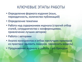 КЛЮЧЕВЫЕ ЭТАПЫ РАБОТЫ
• Определение формата издания (язык,
периодичность, количество публикаций)
• Определение тематики
• Работа над содержанием журнала (строгий отбор
статей, сотрудничество с конференциями,
привлечение лучших авторов)
• Работа с авторами
• Анализ конкурентов и отбор наилучших примеров
из практики (выявить лидеров, применить модель)
• Продвижение журнала и работа с его брендом
 