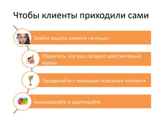 Чтобы клиенты приходили сами

    Знайте вашего клиента «в лицо»


       Убедитесь, что ваш продукт действительно
       хорош


       Продвигайте с помощью полезного контента


    Анализируйте и адаптируйте
 