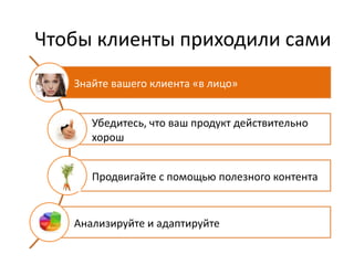 Чтобы клиенты приходили сами
   Знайте вашего клиента «в лицо»


      Убедитесь, что ваш продукт действительно
      хорош


      Продвигайте с помощью полезного контента


   Анализируйте и адаптируйте
 