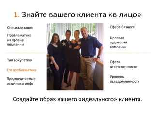 1. Знайте вашего клиента «в лицо»
Специализация                      Сфера бизнеса

Проблематика
                                   Целевая
на уровне
                                   аудитория
компании
                                   компании


Тип покупателя                     Сфера
                                   ответственности
Его проблематика
                                   Уровень
Предпочитаемые
                                   осведомленности
источники инфо



   Создайте образ вашего «идеального» клиента.
 