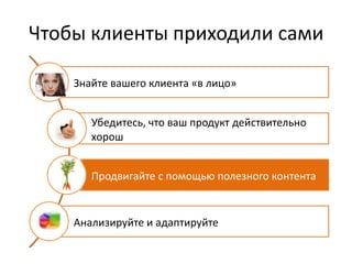 Чтобы клиенты приходили сами

    Знайте вашего клиента «в лицо»


       Убедитесь, что ваш продукт действительно
       хорош


       Продвигайте с помощью полезного контента


    Анализируйте и адаптируйте
 