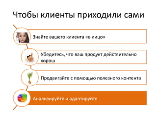 Чтобы клиенты приходили сами

    Знайте вашего клиента «в лицо»


       Убедитесь, что ваш продукт действительно
       хорош


       Продвигайте с помощью полезного контента


    Анализируйте и адаптируйте
 