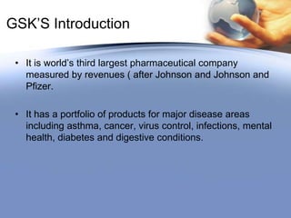 GSK’S IntroductionIt is world’s third largest pharmaceutical company measured by revenues ( after Johnson and Johnson and Pfizer.It has a portfolio of products for major disease areas including asthma, cancer, virus control, infections, mental health, diabetes and digestive conditions. 