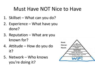 Must Have NOT Nice to Have
1. Skillset – What can you do?
2. Experience – What have you
done?
3. Reputation – What are you
known for?
4. Attitude – How do you do
it?
5. Network – Who knows
you’re doing it?
 