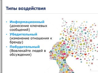 Типы воздействия
• Информационный
(донесение ключевых
сообщений)
• Убедительный
(изменение отношения к
бренду)
• Побудительный
(Вовлекайте людей в
обсуждения)
8
 