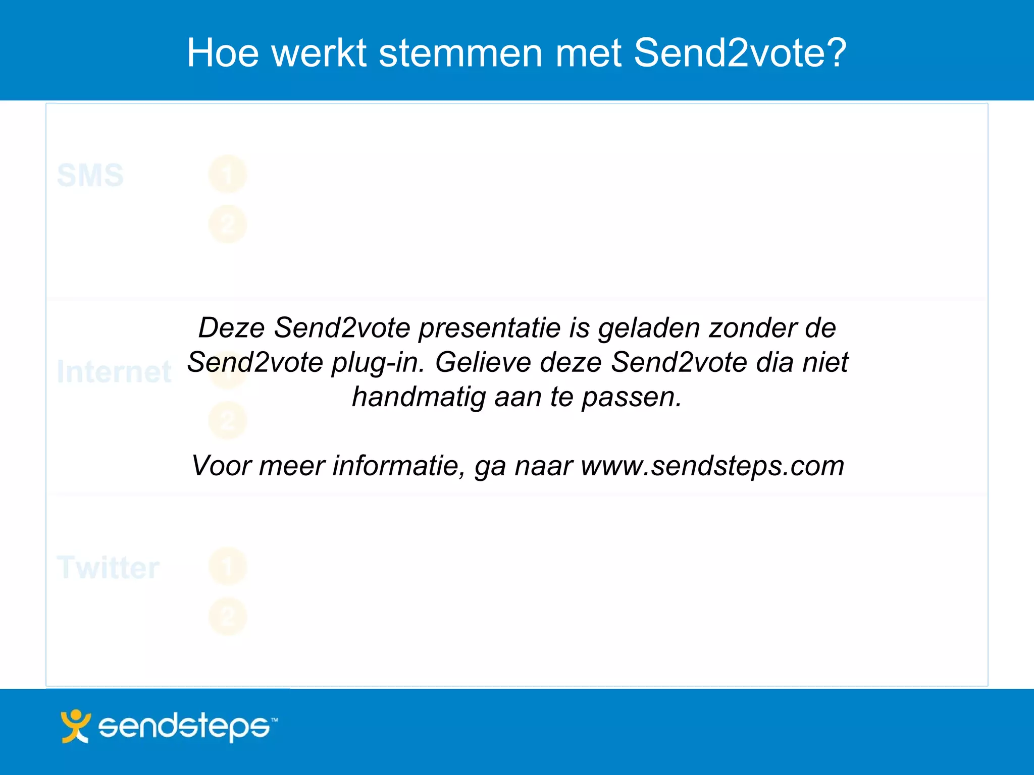 Hoe werkt stemmen met Send2vote? SMS Internet Twitter Deze Send2vote presentatie is geladen zonder de Send2vote plug-in. Gelieve deze Send2vote dia niet handmatig aan te passen. Voor meer informatie, ga naar www.sendsteps.com 