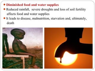 Diminished food and water supplies
Reduced rainfall, severe droughts and loss of soil fertility
 affects food and water supplies
It leads to disease, malnutrition, starvation and, ultimately,
 death
 