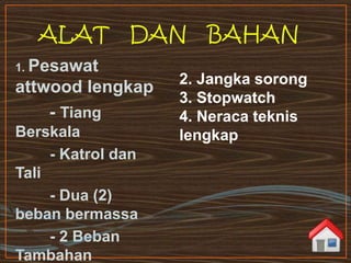1. Pesawat
attwood lengkap
- Tiang
Berskala
- Katrol dan
Tali
- Dua (2)
beban bermassa
- 2 Beban
Tambahan
2. Jangka sorong
3. Stopwatch
4. Neraca teknis
lengkap
 
