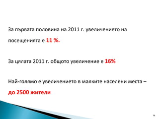 За първата половина на 2011 г. увеличението на посещенията е  11 %.  За цялата 2011 г. общото увеличение е  16% Най-голямо е увеличението в малките населени места –  до 2500 жители   
