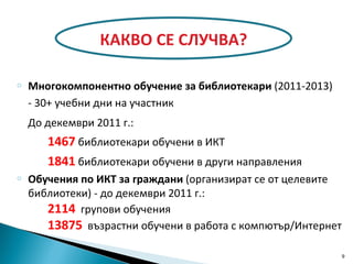 Многокомпонентно обучение за библиотекари  (2011-2013) - 30+ учебни дни на участник До декември 2011 г.: 1467  библиотекари обучени в ИКТ 1841  библиотекари обучени в други направления Обучения по ИКТ за граждани  (организират се от целевите библиотеки)  -  до декември 2011 г.:  2114   групови обучения 13875   възрастни обучени в работа с компютър/Интернет  КАКВО СЕ СЛУЧВА? 