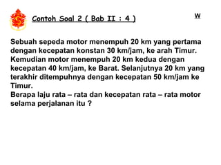 Sebuah sepeda motor menempuh 20 km yang pertama
dengan kecepatan konstan 30 km/jam, ke arah Timur.
Kemudian motor menempuh 20 km kedua dengan
kecepatan 40 km/jam, ke Barat. Selanjutnya 20 km yang
terakhir ditempuhnya dengan kecepatan 50 km/jam ke
Timur.
Berapa laju rata – rata dan kecepatan rata – rata motor
selama perjalanan itu ?
W
Contoh Soal 2 ( Bab II : 4 )
 