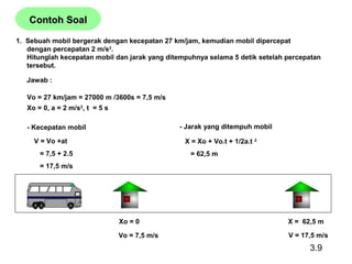 1. Sebuah mobil bergerak dengan kecepatan 27 km/jam, kemudian mobil dipercepat
dengan percepatan 2 m/s2
.
Hitunglah kecepatan mobil dan jarak yang ditempuhnya selama 5 detik setelah percepatan
tersebut.
Jawab :
Vo = 27 km/jam = 27000 m /3600s = 7,5 m/s
Xo = 0, a = 2 m/s2
, t = 5 s
- Kecepatan mobil
V = Vo +at
= 7,5 + 2.5
= 17,5 m/s
- Jarak yang ditempuh mobil
X = Xo + Vo.t + 1/2a.t 2
= 62,5 m
V = 17,5 m/s
Xo = 0 X = 62,5 m
Vo = 7,5 m/s
Contoh SoalContoh Soal
3.9
 