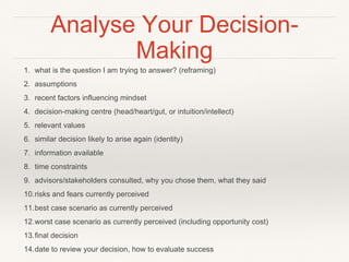 Analyse Your Decision-
Making
1. what is the question I am trying to answer? (reframing)
2. assumptions
3. recent factors influencing mindset
4. decision-making centre (head/heart/gut, or intuition/intellect)
5. relevant values
6. similar decision likely to arise again (identity)
7. information available
8. time constraints
9. advisors/stakeholders consulted, why you chose them, what they said
10.risks and fears currently perceived
11.best case scenario as currently perceived
12.worst case scenario as currently perceived (including opportunity cost)
13.final decision
14.date to review your decision, how to evaluate success
 