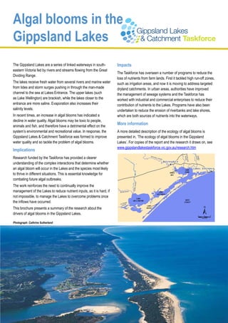 Algal blooms in the
Gippsland Lakes
The Gippsland Lakes are a series of linked waterways in south-         Impacts
eastern Victoria fed by rivers and streams flowing from the Great
                                                                       The Taskforce has overseen a number of programs to reduce the
Dividing Range.
                                                                       loss of nutrients from farm lands. First it tackled high run-off zones,
The lakes receive fresh water from several rivers and marine water     such as irrigation areas, and now it is moving to address targeted
from tides and storm surges pushing in through the man-made            dryland catchments. In urban areas, authorities have improved
channel to the sea at Lakes Entrance. The upper lakes (such            the management of sewage systems and the Taskforce has
as Lake Wellington) are brackish, while the lakes closer to the        worked with industrial and commercial enterprises to reduce their
entrance are more saline. Evaporation also increases their             contribution of nutrients to the Lakes. Programs have also been
salinity levels.                                                       undertaken to reduce the erosion of riverbanks and lake shores,
In recent times, an increase in algal blooms has indicated a           which are both sources of nutrients into the waterways.
decline in water quality. Algal blooms may be toxic to people,
animals and fish, and therefore have a detrimental effect on the
                                                                       More information
system’s environmental and recreational value. In response, the        A more detailed description of the ecology of algal blooms is
Gippsland Lakes & Catchment Taskforce was formed to improve            presented in, ‘The ecology of algal blooms in the Gippsland
water quality and so tackle the problem of algal blooms.               Lakes’. For copies of the report and the research it draws on, see
                                                                       www.gippslandlakestaskforce.vic.gov.au/research.htm
Implications




                                                                                                                                          NICHOL R
Research funded by the Taskforce has provided a clearer                                                    MITC




                                                                                                                                                        TAMBO
                                                                                                                                                        RIVER
                                                                                                                                             RIVE
                                                                                                               HELL
                                                                                                                    RIVE
                                                                                                                         R




                                                                                                                                                 SON
                                                                                                                             Bairnsdale
understanding of the complex interactions that determine whether        Map of the
                                                                        Gippsland
an algal bloom will occur in the Lakes and the species most likely      Lakes                                                              LAKE
                                                                                                                                                       Lakes Entrance

to thrive in different situations. This is essential knowledge for                                                               JONES     KING
                                                                        (DSE, 2011)                                               BAY

combating future algal outbreaks.
                                                                                                  ER




The work reinforces the need to continually improve the
                                                                                         PERRY RIV




management of the Lakes to reduce nutrient inputs, as it is hard, if     AVON RIV
                                                                                    ER                              LAKE
                                                                                                                  VICTORIA
not impossible, to manage the Lakes to overcome problems once                               LAKE

the inflows have occurred.                                                               WELLINGTON                                        BASS
                                                                                                                                          STRAIT
                                                                              OBE
                                                                         LA TR R
                                                                           RIVE                         LAKE
This brochure presents a summary of the research about the                                             REEVE


drivers of algal blooms in the Gippsland Lakes.                                                                                                            0        5        10

                                                                                                                                                                Kilometres



Photograph: Cathrine Sutherland
 