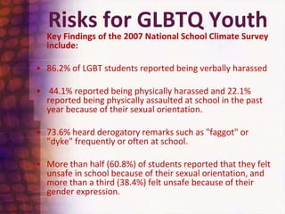 Risks for GLBTQ Youth	Key Findings of the 2007 National School Climate Survey include: 86.2% of LGBT students reported being verbally harassed 44.1% reported being physically harassed and 22.1% reported being physically assaulted at school in the past year because of their sexual orientation. 73.6% heard derogatory remarks such as "faggot" or "dyke" frequently or often at school. More than half (60.8%) of students reported that they felt unsafe in school because of their sexual orientation, and more than a third (38.4%) felt unsafe because of their gender expression. 