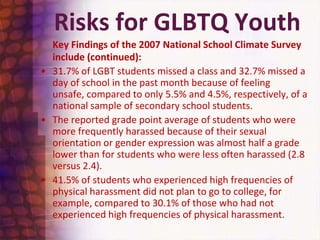 Risks for GLBTQ YouthKey Findings of the 2007 National School Climate Survey include (continued): 31.7% of LGBT students missed a class and 32.7% missed a day of school in the past month because of feeling unsafe, compared to only 5.5% and 4.5%, respectively, of a national sample of secondary school students. The reported grade point average of students who were more frequently harassed because of their sexual orientation or gender expression was almost half a grade lower than for students who were less often harassed (2.8 versus 2.4).41.5% of students who experienced high frequencies of physical harassment did not plan to go to college, for example, compared to 30.1% of those who had not experienced high frequencies of physical harassment. 