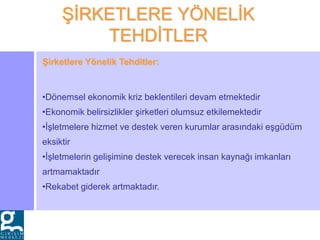 ŞİRKETLERE YÖNELİK
TEHDİTLER
Şirketlere Yönelik Tehditler:
•Dönemsel ekonomik kriz beklentileri devam etmektedir
•Ekonomik belirsizlikler şirketleri olumsuz etkilemektedir
•İşletmelere hizmet ve destek veren kurumlar arasındaki eşgüdüm
eksiktir
•İşletmelerin gelişimine destek verecek insan kaynağı imkanları
artmamaktadır
•Rekabet giderek artmaktadır.
 