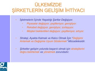 • İşletmelerin İçinde Yaşadığı Şartlar Değişiyor.
• Piyasalar değişiyor, çeşitleniyor, genişliyor.
• Rekabet değişiyor, genişliyor, zorlaşıyor.
• Müşteri beklentileri değişiyor, çeşitleniyor, artıyor.
• Strateji, Ayakta Kalmak ve Kalıcı Olmak İçin “Değişimi
Anlamak ve Değişime Uyum Göstermek” Mücadelesidir.
• Şirketler gelişim yolunda başarılı olmak için stratejilerini
doğru belirlemek ve yönetmek zorundadır.
ÜLKEMİZDE
ŞİRKETLERİN GELİŞİM İHTİYACI
 