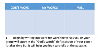 GOD’S WORD MY WORDS I WILL
1. Begin by writing out word for word the verses you or your
group will study in the “God’s Words” (left) section of your paper.
It takes time but it will help you look carefully at the passage.
 