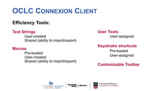 OCLC CONNEXION CLIENT
Efficiency Tools:
Text Strings
User-created
Shared (ability to import/export)
Macros
Pre-loaded
User-created
Shared (ability to import/export)
User Tools
User-assigned
Keystroke shortcuts
Pre-loaded
User-assigned
Customizable Toolbar
 