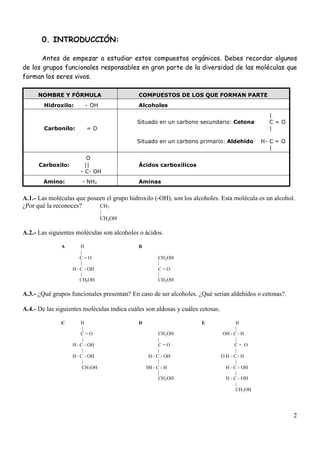 2
0. INTRODUCCIÓN:
Antes de empezar a estudiar estos compuestos orgánicos. Debes recordar algunos
de los grupos funcionales responsables en gran parte de la diversidad de las moléculas que
forman los seres vivos.
NOMBRE Y FÓRMULA COMPUESTOS DE LOS QUE FORMAN PARTE
Hidroxilo: - OH Alcoholes
Carbonilo: = O
|
Situado en un carbono secundario: Cetona C = O
|
Situado en un carbono primario: Aldehído H- C = O
|
O
Carboxilo: ||
- C- OH
Ácidos carboxílicos
Amino: - NH2 Aminas
A.1.- Las moléculas que poseen el grupo hidroxilo (-OH), son los alcoholes. Esta molécula es un alcohol.
¿Por qué la reconoces? CH3
|
CH2OH
A.2.- Las siguientes moléculas son alcoholes o ácidos.
A H B
|
C = O CH2OH
| |
H - C - OH C = O
| |
CH2OH CH2OH
A.3.- ¿Qué grupos funcionales presentan? En caso de ser alcoholes. ¿Qué serian aldehídos o cetonas?.
A.4.- De las siguientes moléculas indica cuáles son aldosas y cuáles cetosas.
C H D E H
| |
C = O CH2OH OH - C - H
| | |
H - C - OH C = O C = O
| | |
H - C - OH H - C - OH O H - C - H
| | |
CH2OH 0H - C - H H - C - OH
| |
CH2OH H - C - OH
|
CH2OH
 