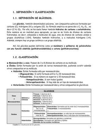 3
1. DEFINICIÓN Y CLASIFICACIÓN
1.1. DEFINICIÓN DE GLÚCIDOS.
Los glúcidos, también denominados azúcares, son compuestos qu...