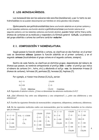 4
2. LOS MONOSACÁRIDOS.
Los monosacáridos son los azúcares más sencillos (monómeros), y por lo tanto no son
hidrolizables (no se pueden descomponer por hidrólisis en otros glúcidos más simples)
Químicamente son polihidroxialdehídos (tiene una función aldehído en el primer carbono y
en los restantes carbonos una función alcohol o polihidroxicetonas (una función cetona en el
segundo carbono y en los restantes carbonos una función alcohol), pueden tener entre tres y ocho
átomos de carbonos en su molécula y responden a la fórmula general CnH2nOn. La presencia
del grupo aldehído o cetona les confiere carácter reductor.
2.1. COMPOSICIÓN Y NOMENCLATURA.
Según posean la función aldehído o cetona, se clasifican en dos familias: en el primer
caso se denominan aldosas (poseen la función aldehído en el primer carbono), y en el
segundo cetosas (localizándose el grupo cetona en el segundo carbono, siempre).
Dentro de cada familia, se clasifican en distintos grupos, dependiendo del número de
átomos que posean, se nombran anteponiendo el prefijo aldo- o ceto- al prefijo que indica
el número de carbono (tri-, tetra, etc) y añadiendo el sufijo -osa. Se denominan triosas (3
átomos de carbono), tetrosas (4), pentosas (5), hexosas (6), heptosa (7).
Por ejemplo, si tienen tres átomos (C3H6O3) serian:
H-C= O CH2OH
| |
H-C-OH C= O
| |
CH2OH Aldotriosa CH2OH Cetotriosa
A.5. Siguiendo el anterior criterio. ¿Cómo se denominan las anteriores moléculas (A-E)?
A.6. ¿Qué diferencia hay entre una aldopentosa y una cetopentosa?, y ¿entre una aldohexosa y una
aldotetrosa?
A.7. Escribe las siguientes fórmulas de monosacáridos: cetopentosa, aldopentosa, cetohexosa, aldotetrosa.
A.8. De las siguientes moléculas cuáles son monosacáridos, pon les nombres basándote en los criterios
que ya conoces.
CH2OH
|
C= O
|
H – C- OH
|
H – C- OH
|
CH2OH
N H2 – C - COOH
|
C- H
|
CH3
CH3O
|
C- H2
|
C- H2
|
COOH
H – C = O
|
H – C- H
|
H – C- OH
|
CH2OH
H – C = O
|
H – C- OH
|
HO-C-H
|
H – C- OH
|
H – C- OH
|
CH2OH
CH2OH
|
C= O
|
HO-C-H
|
H – C- OH
|
H – C- OH
|
CH2OH
H – C = O
|
H – C- OH
|
H – C- OH
|
CH2OH
 