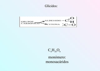 Glícidos:
CnH2nOn
monómero:
monosacáridos
 