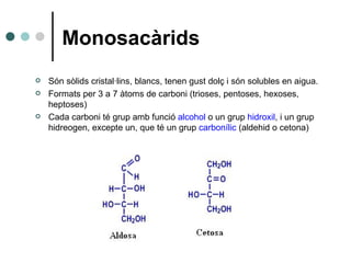 Monosacàrids Són sòlids cristal·lins, blancs, tenen gust dolç i són solubles en aigua. Formats per 3 a 7 àtoms de carboni (trioses, pentoses, hexoses, heptoses) Cada carboni té grup amb funció  alcohol  o un grup  hidroxil , i un grup hidreogen, excepte un, que té un grup  carbonílic  (aldehid o cetona) 