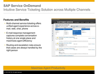 SAP Service OnDemand
Intuitive Service Ticketing Solution across Multiple Channels
Features and Benefits
 Multi-channel service ticketing offers
unified agent experience across e-
mail, web, chat, phone
 E-mail response management
captures complete conversation
history at one single place and
maximizes agent efficiency
 Routing and escalation rules ensure
that cases are always handled by the
right person
Maximize Agent Productivity
© 2012 SAP AG. All rights reserved. 7
 